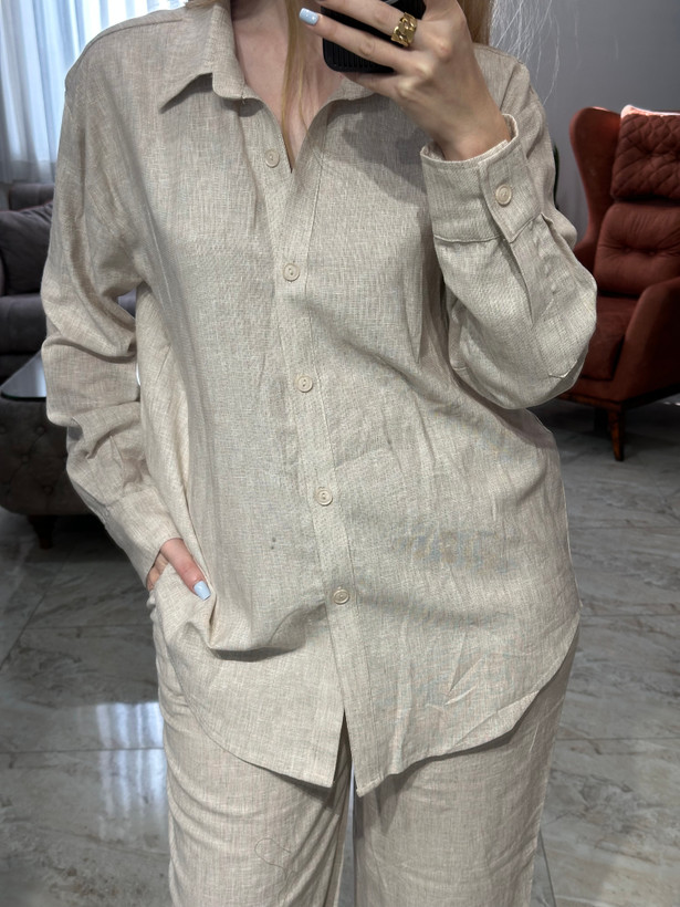 ست شومیز و شلوارزنانه رنگ کرم لینن اسلپ ترک وارداتی