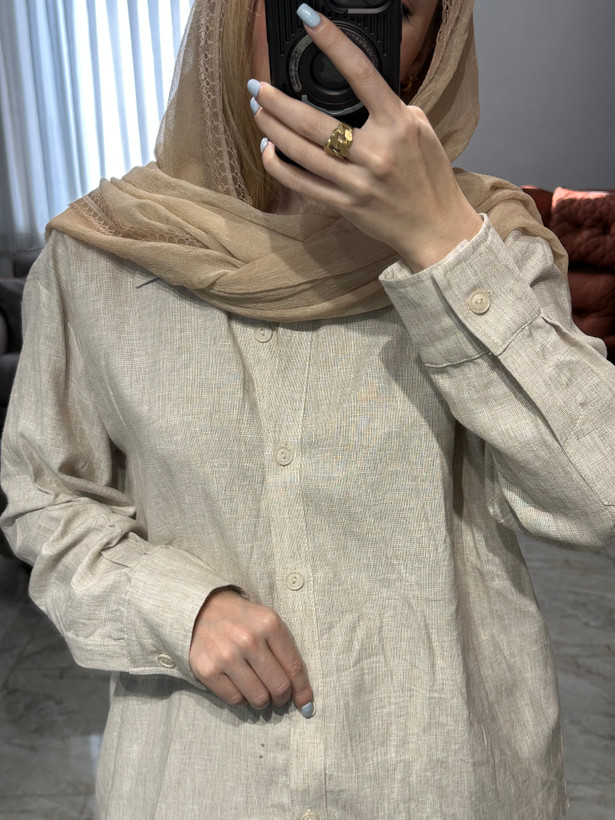 ست شومیز و شلوارزنانه رنگ کرم لینن اسلپ ترک وارداتی